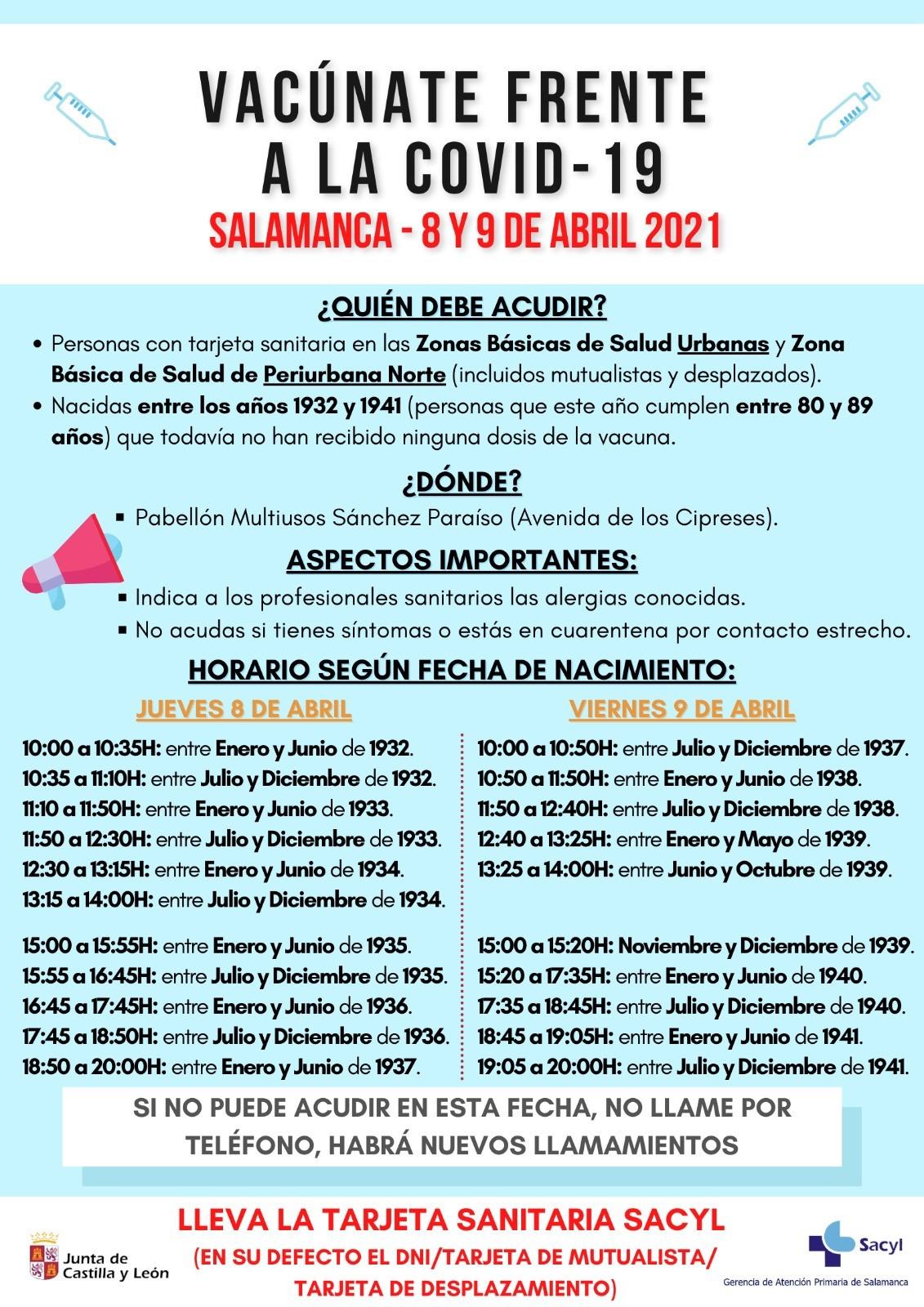 Cartel informativo de la vacunaciu00f3n masiva en Salamanca 8 y 9 abril